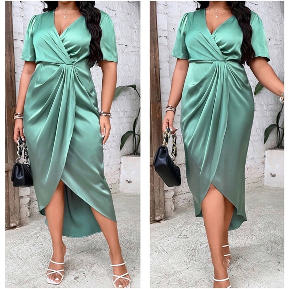 BellanBlue Dresses & Skirts - Luxe Mint Green Satin Surplice Short Sleeve Evening Party Dress